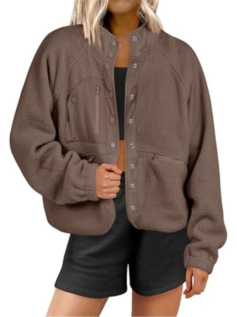 Womens Fuzzy Fleece Jacket Teddy Coat Long Sleeve Button Front Pockets Casual